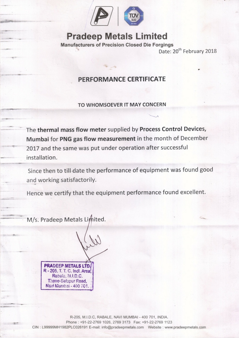 Customer testimonial letter from Pradeep Metals Limited