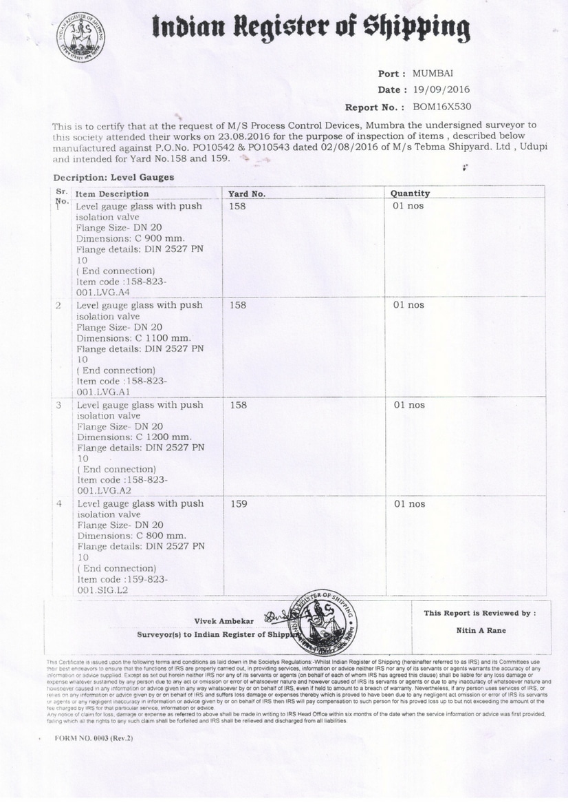 Indian Register of Shipping Certificate