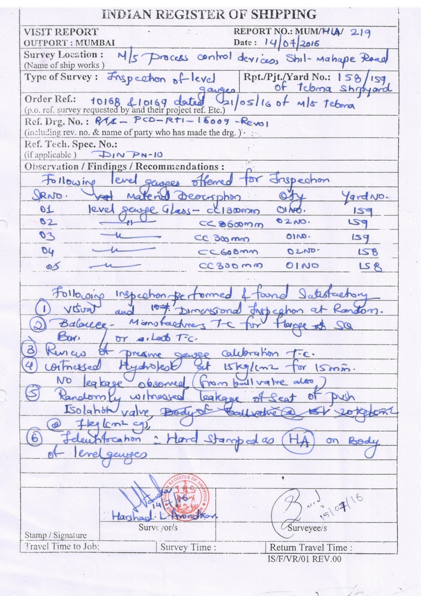 Indian Register of Shipping Certificate